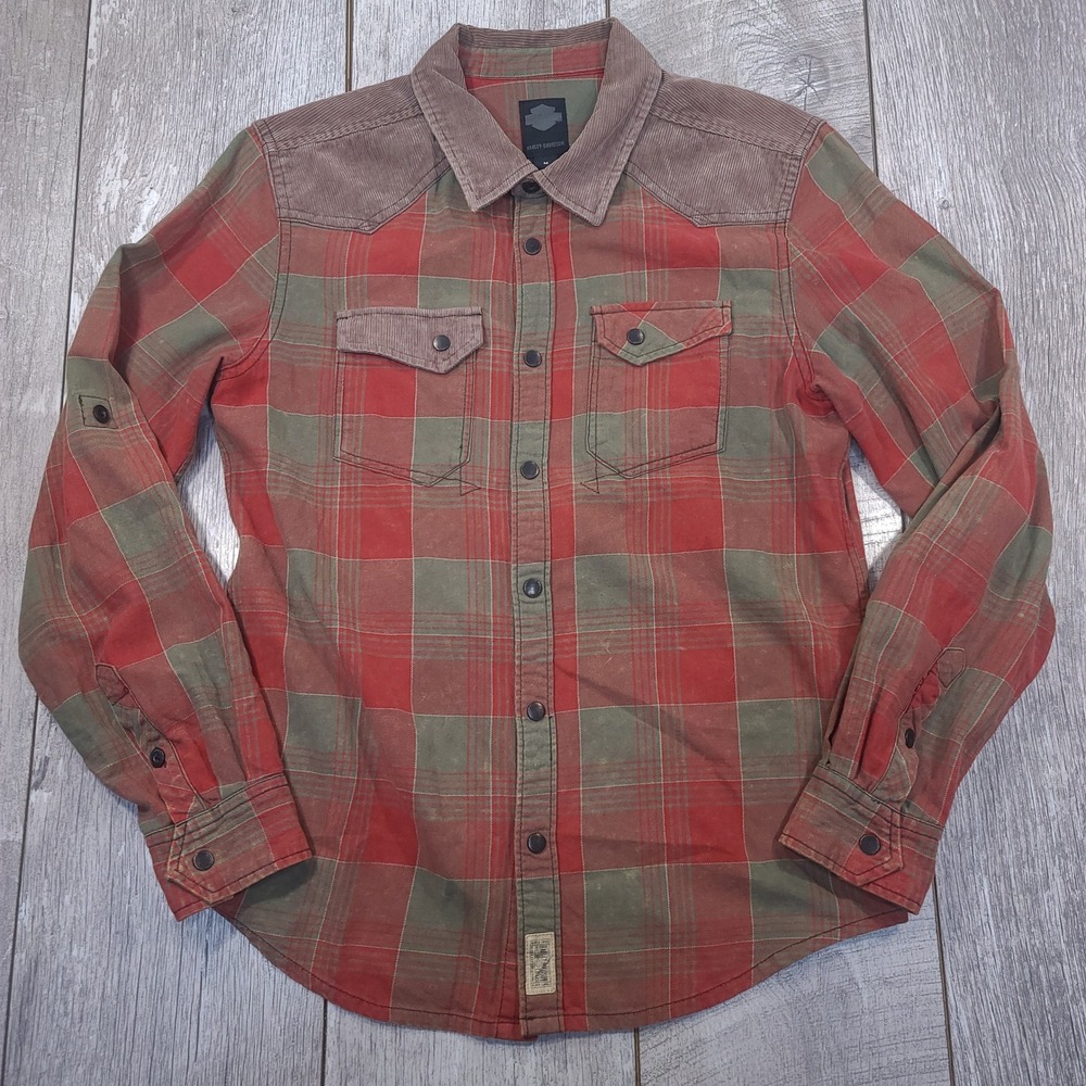Harley Davidson Button Up Men Medium Red Plaid Corduroy Yoke Western 96561-17VM